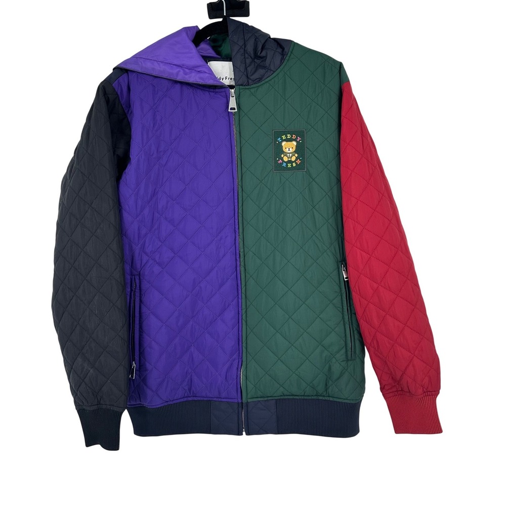 Teddy Fresh Colorblock Quilted‎ Jacket Mens Medium Hooded Puffer Multi-Color Zip